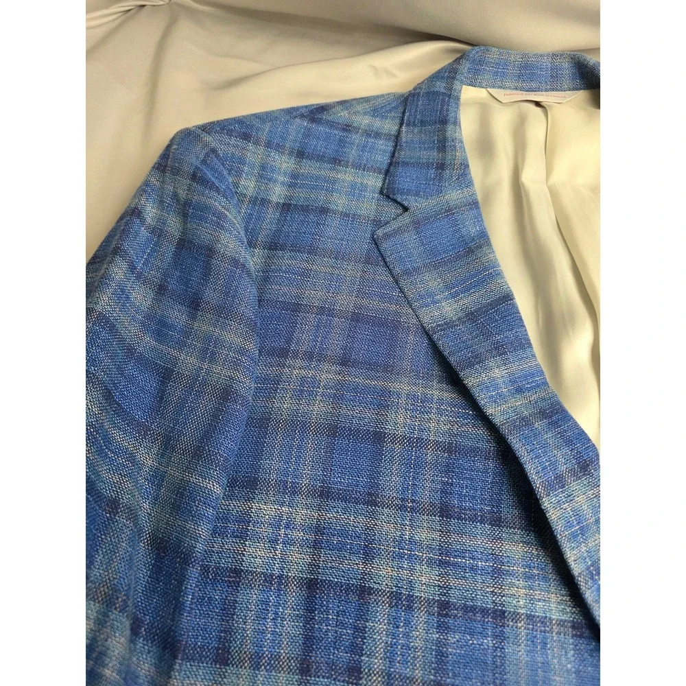 Samuelsohn Mens 50 Long Blue Plaid Wool Silk Linen Sport Coat Carlo Barbera